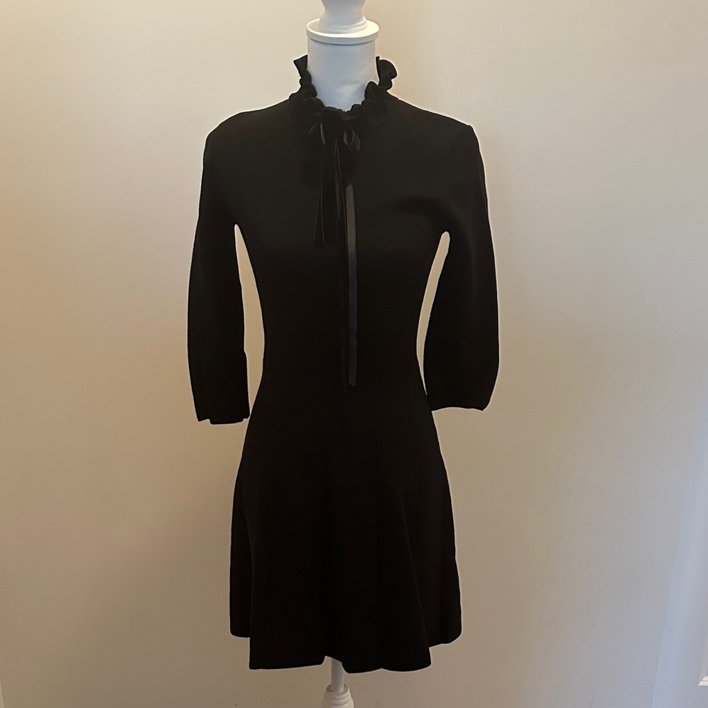 Zara Elegant Black Ruffle Bow Collar Dress